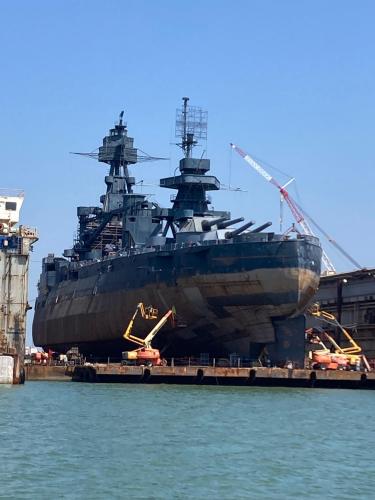 Battleship Texas on a floating drydock for refitting